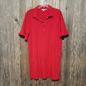 Chicos XL 3 Red Dress Jersey Shift Henley Short Sleeve Ruffle Pockets Women's
